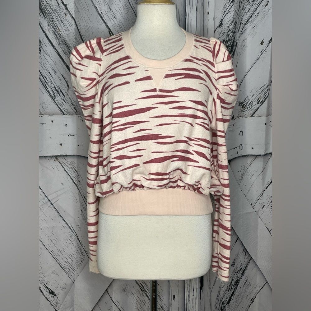 Free People Zaza Zebra Print Sweatshirt Puffed Sleeves S